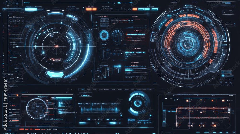 Modern, futuristic user interface elements designed for science fiction games. The abstract HUD includes circles for data visualizations. Modern, futuristic user interface elements designed for science fiction games. The abstract HUD includes circles for data visualizations.