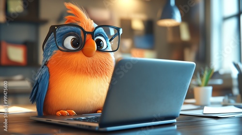 6 Cartoon bird typing on a laptop in a modern office, wearing glasses, focused and productive, bright business environment photo