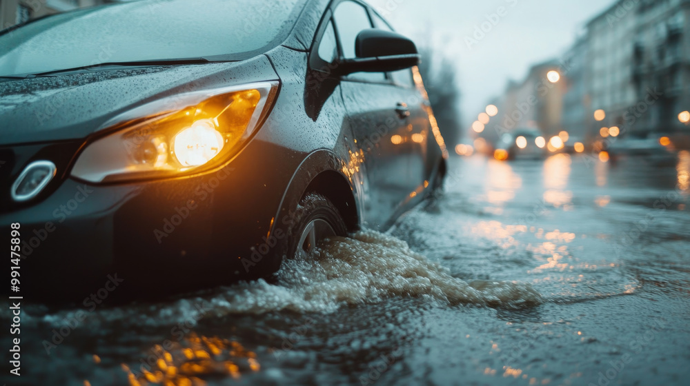 A car partially submerged in floodwaters on city street evokes sense of urgency A car partially submerged in floodwaters on city street evokes sense of urgency
