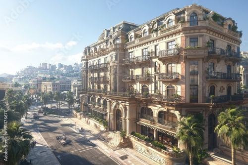 Scenic view of historic hotel or palace with architectural details and balconies overlooking a seaside town