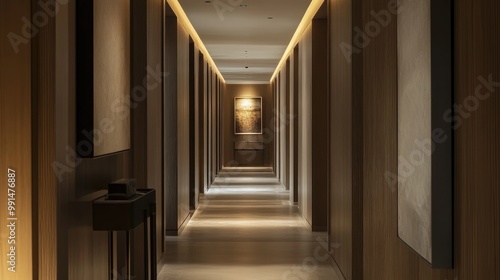 A beautifully designed hallway with clean lines, minimalist artwork, and subtle lighting, creating an elegant transition between spaces.