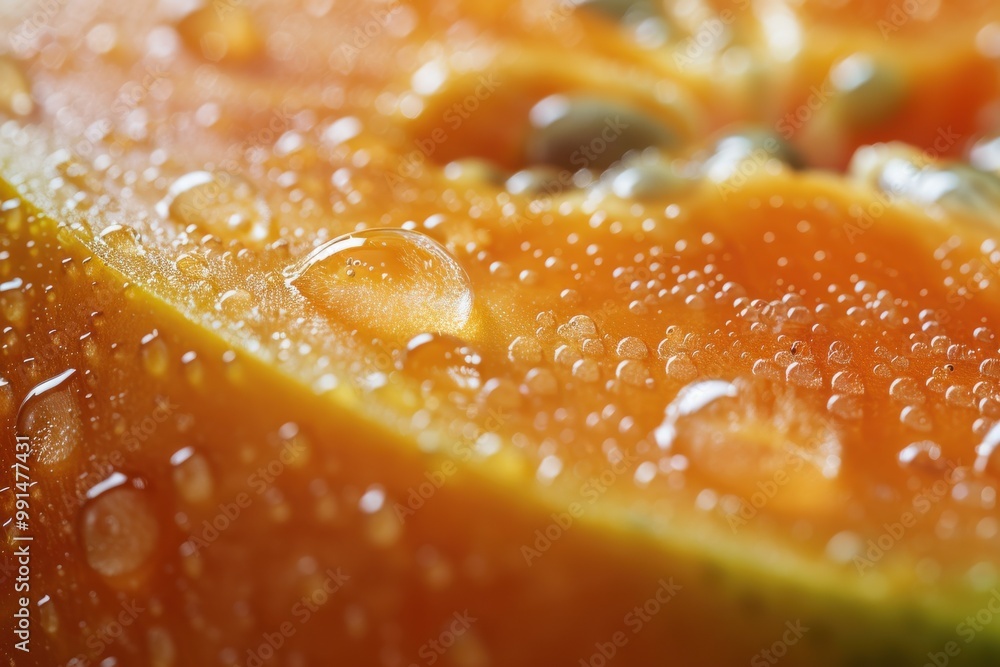 Papaya Dewdrops: A close-up of a papaya slice, glistening with fresh dew drops, showcasing the fruit's vibrant orange flesh and delicate texture. Papaya Dewdrops: A close-up of a papaya slice, glistening with fresh dew drops, showcasing the fruit's vibrant orange flesh and delicate texture.