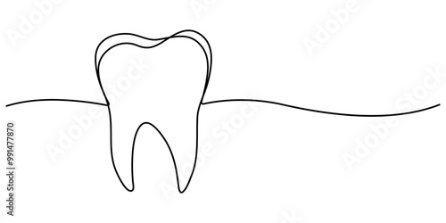 Single line drawing of a tooth, Single continuous line art anatomical human tooth silhouette implant. Healthy medicine recovery molar root cavity concept design world oral health day one sketch 