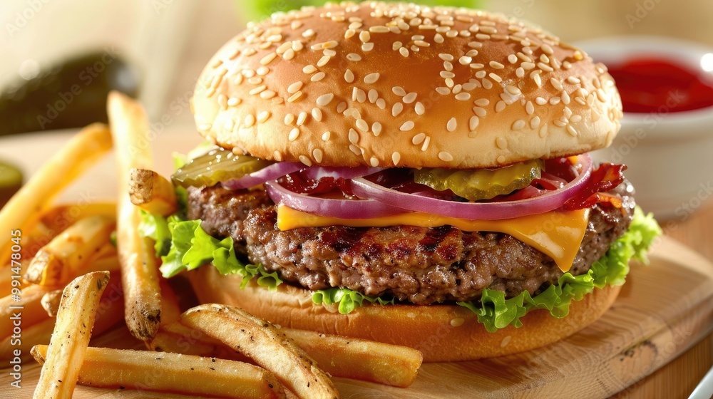 Juicy hamburger with fries and a pickle Juicy hamburger with fries and a pickle