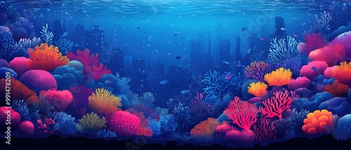 Fototapeta Naklejka Na Ścianę i Meble -  Underwater coral reef city vector flat minimalistic isolated illustration