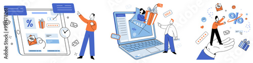 Product promotion vector illustration. Production, symphony, orchestrates harmonious creation merchandise and content Merchandise, storyteller, conveys narrative brand through its tangible products