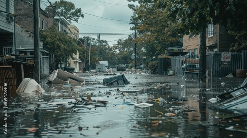 Aftermath of the Flood: A somber view of a residential street ravaged by a flood, debris and wreckage litter the flooded road, highlighting the devastation of natural disasters.  