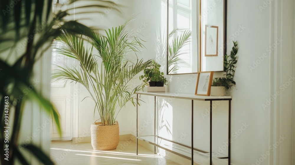 A bright entryway with minimal decor, featuring a sleek console table, potted plants, and a large mirror, welcoming guests into a clean, uncluttered space. A bright entryway with minimal decor, featuring a sleek console table, potted plants, and a large mirror, welcoming guests into a clean, uncluttered space.
