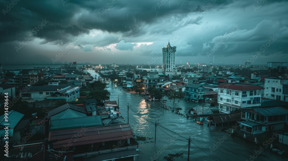 Fototapeta premium Stormy Cityscape: A brooding, cinematic view of a city submerged in floodwater, with dramatic storm clouds casting an ominous shadow over the urban landscape. 