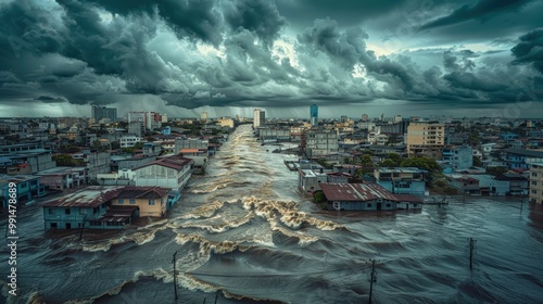 City Submerged: A dramatic aerial view captures the aftermath of a devastating flood, as dark storm clouds gather overhead and floodwaters engulf the city streets.