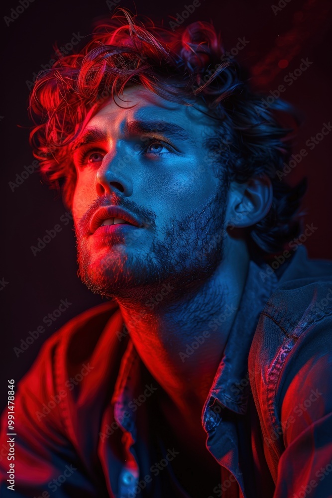 Intense portrait of a young man with curly hair and beard in moody red and blue lighting looking upwards with hopeful expressionmoody Intense portrait of a young man with curly hair and beard in moody red and blue lighting looking upwards with hopeful expressionmoody