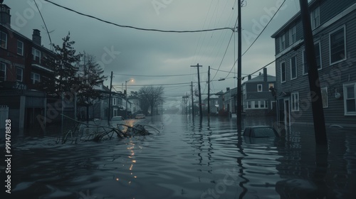 Submerged Streets: A somber and evocative image of a flooded residential street, capturing the aftermath of a natural disaster. The grey skies and murky water create a haunting atmosphere.