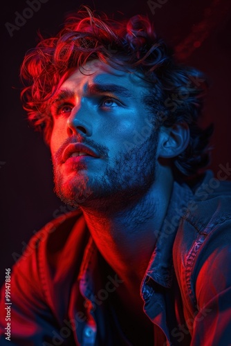 Intense portrait of a young man with curly hair and beard in moody red and blue lighting looking upwards with hopeful expressionmoody