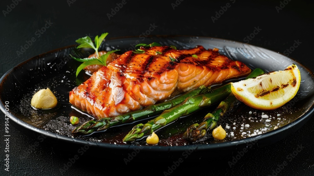 Perfectly grilled salmon fillet with asparagus and lemon. Perfectly grilled salmon fillet with asparagus and lemon.