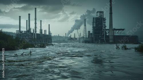 Industrial Flood: A haunting, dystopian scene depicting a flooded industrial complex, with smoke billowing from chimneys against a stormy sky.