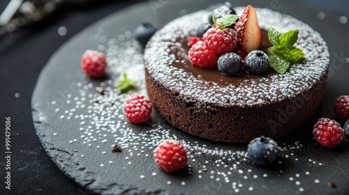 Close-up of a decadent chocolate cake with glossy ganache, fresh berries, and a sprinkle of powdered sugar on a dark slate plate.