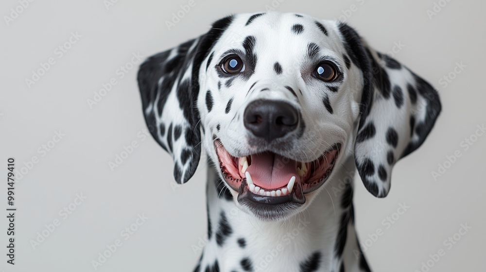 Dalmatian dog with a cheerful smile, against a playful background Dalmatian dog with a cheerful smile, against a playful background