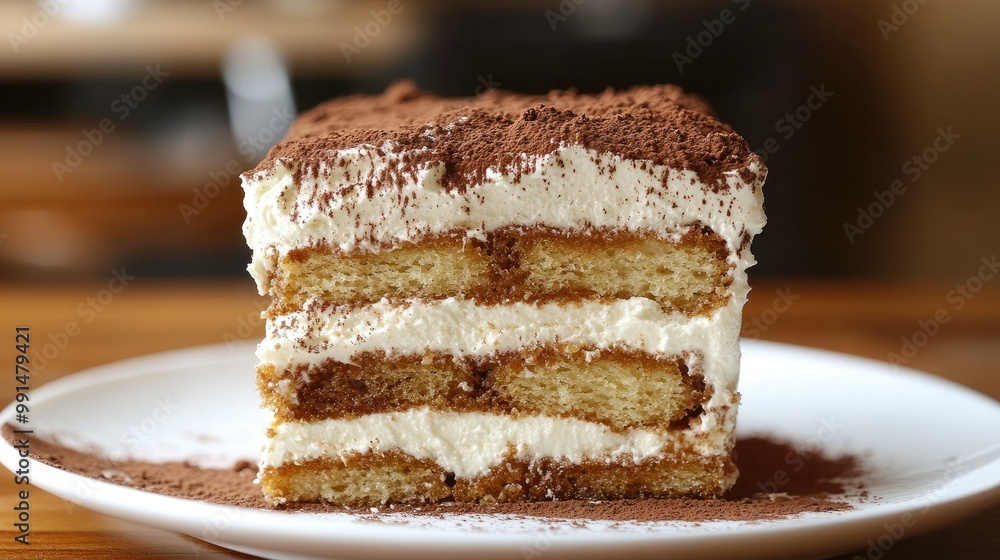 Close-up of a decadent tiramisu cake with layers of coffee-soaked ladyfingers and mascarpone cream, served on a white plate. Close-up of a decadent tiramisu cake with layers of coffee-soaked ladyfingers and mascarpone cream, served on a white plate.