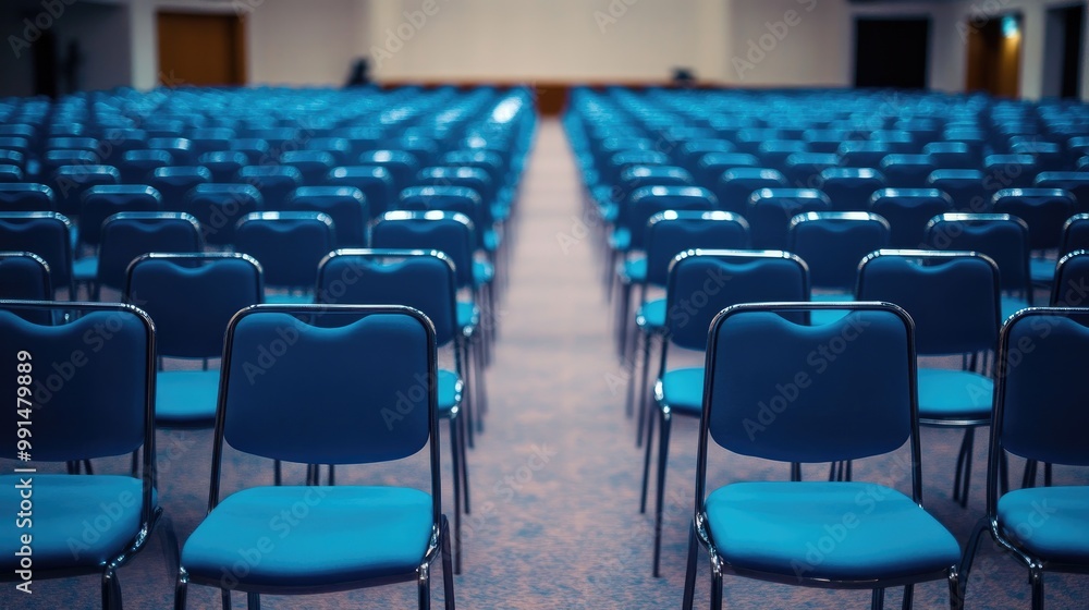 Fototapeta premium Neatly arranged blue chairs in an empty conference hall, a peaceful and professional setting before the event starts