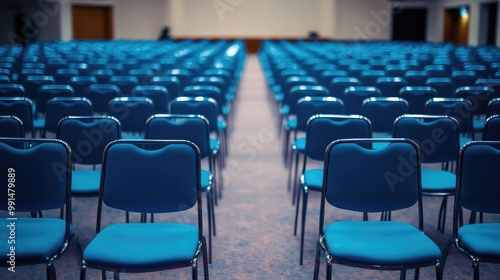 Neatly arranged blue chairs in an empty conference hall, a peaceful and professional setting before the event starts