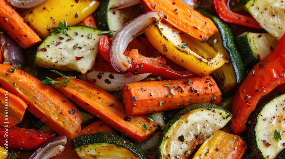 Roasted vegetable medley with carrots, zucchini, and bell peppers. Roasted vegetable medley with carrots, zucchini, and bell peppers.