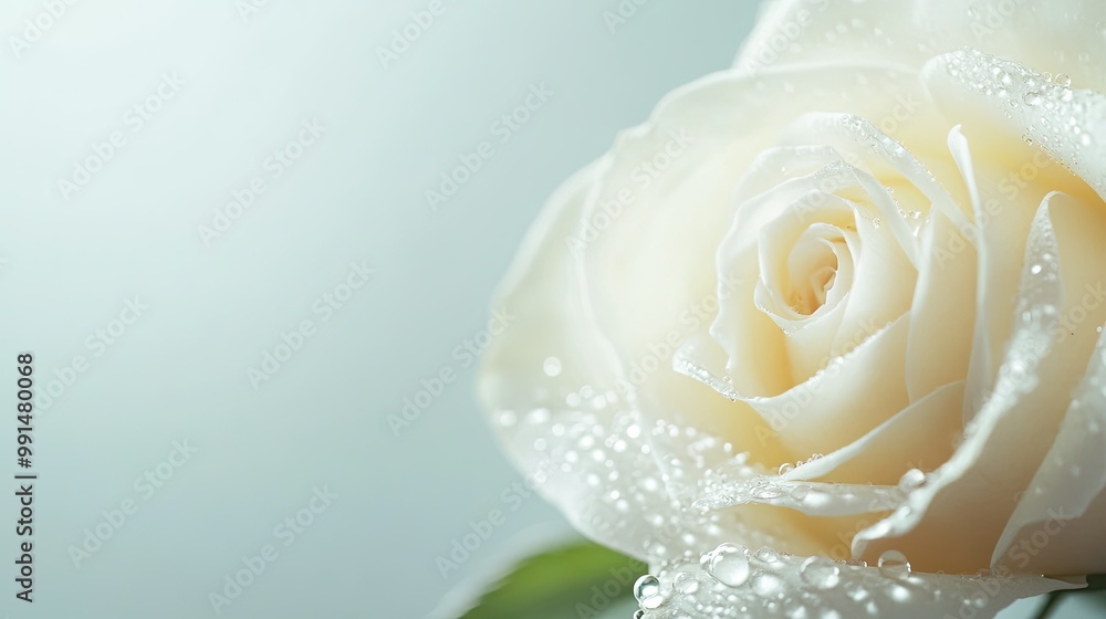 Close-up of a delicate white rose with dew drops, set against a soft-focus background, leaving ample space on the right for text or branding. Close-up of a delicate white rose with dew drops, set against a soft-focus background, leaving ample space on the right for text or branding.