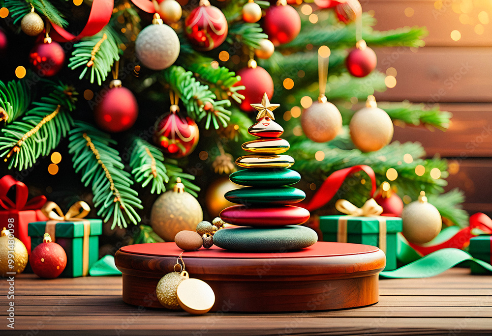 Wooden podium with christmas balls and gift boxes on wooden background. AI generated Wooden podium with christmas balls and gift boxes on wooden background. AI generated