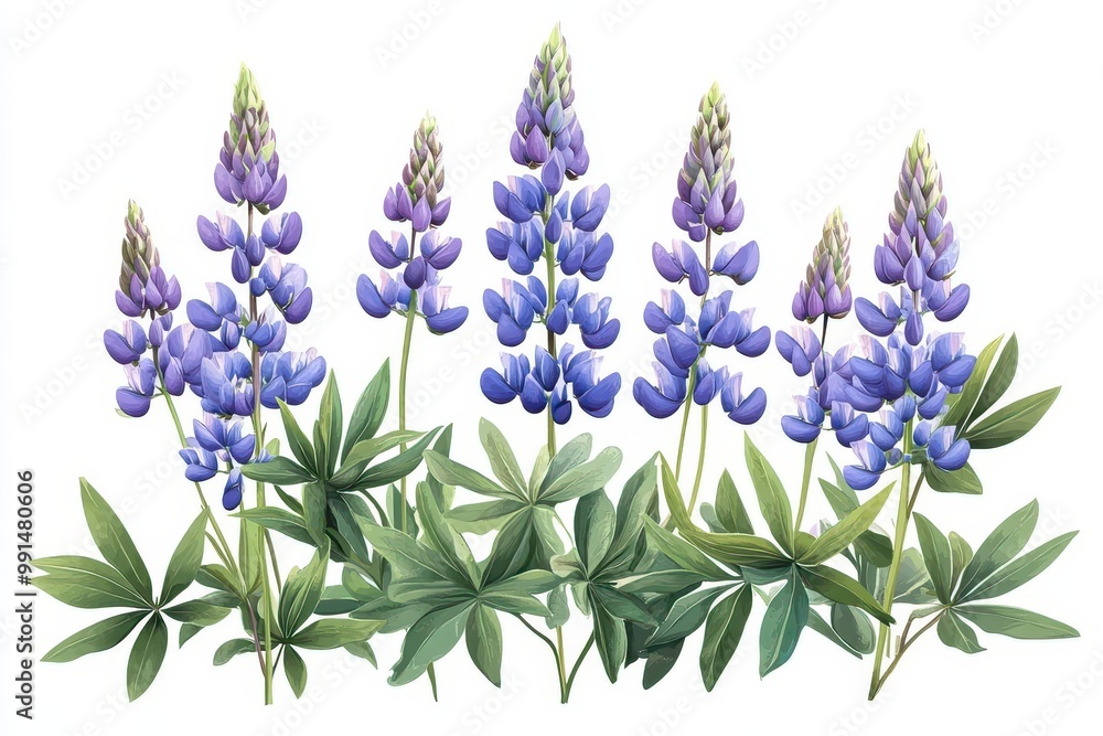 Naklejka premium Beautiful purple lupine flowers arranged elegantly with vibrant green leaves, perfect for floral designs and nature-themed projects, white background