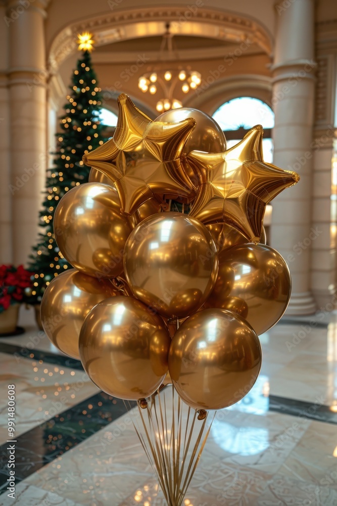 Fototapeta premium Elegant Festive Decor with Golden Star and Round Balloons in Luxurious Hall Featuring Christmas Tree and Ornamented Columnsgolden balloons