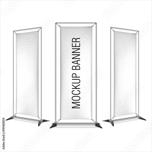 Banner Frame Stand. Vinyl. White. Mockup. Vector. Isolated on white background. 