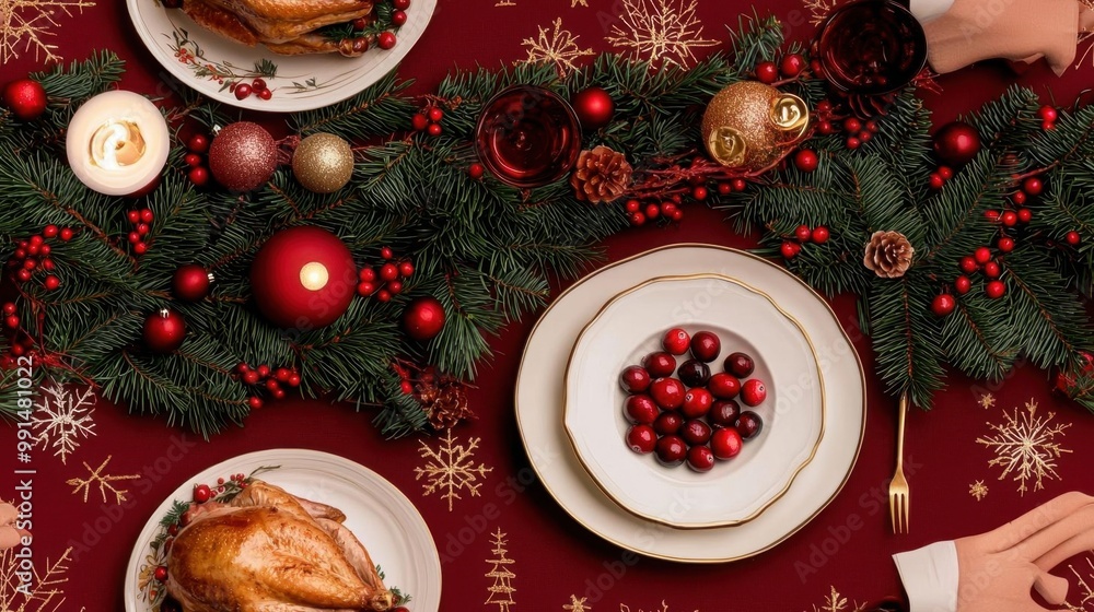 Design a seamless pattern of Christmas dinner tables, with roasted turkey, cranberries, and festive place settings Design a seamless pattern of Christmas dinner tables, with roasted turkey, cranberries, and festive place settings