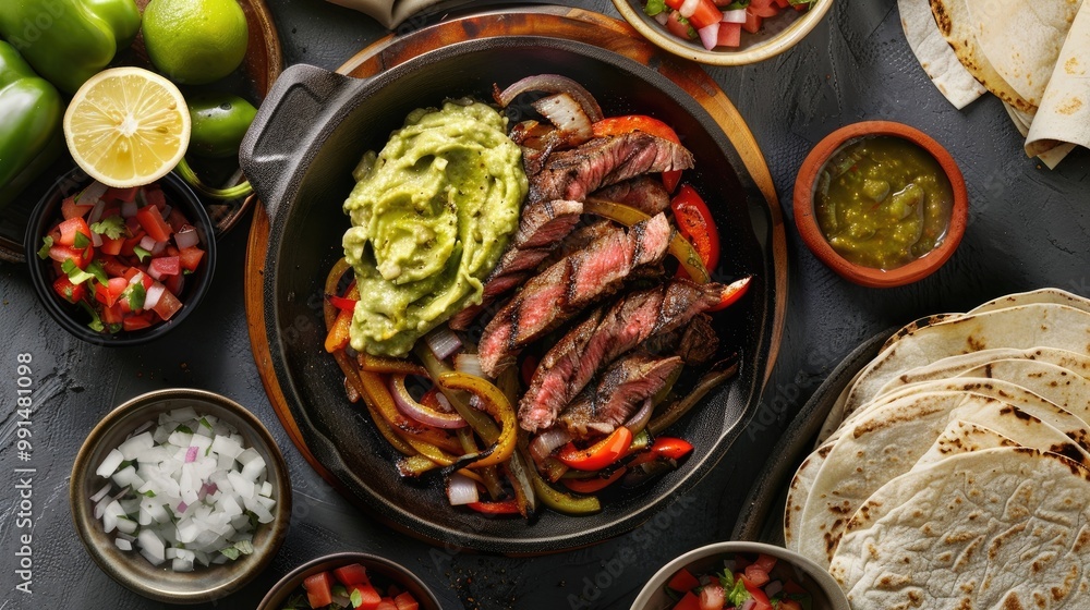 Sizzling steak fajitas with grilled bell peppers and onions, served with warm tortillas, guacamole, and pico de gallo Sizzling steak fajitas with grilled bell peppers and onions, served with warm tortillas, guacamole, and pico de gallo