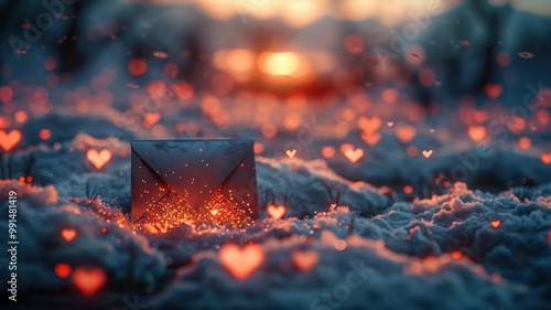 Romantic Enchanted Love Letter in Winter Snow Surrounded by Glowing Heartlights at Sunset, Magical Evening Scene with Sparkling HeartsLove photo