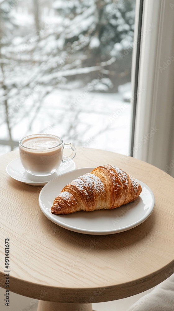 Vertical photo of a white plate with a croissant next to a hot chocolate transparent glass on a wooden table in front of a bright window with winter landscape view Vertical photo of a white plate with a croissant next to a hot chocolate transparent glass on a wooden table in front of a bright window with winter landscape view