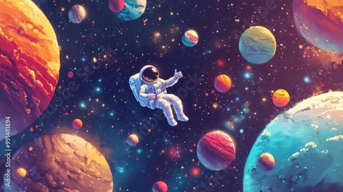 Fototapeta Naklejka Na Ścianę i Meble -  Outer space scene with a cartoon astronaut flying among vibrant planets and twinkling stars, capturing a sense of exploration