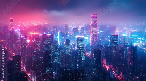 Wallpaper Mural Panoramic urban architecture cityscape with space and neon light effects Modern hitech science futuristic technology concept Abstract digital hightech city design for banner background : Generative AI Torontodigital.ca