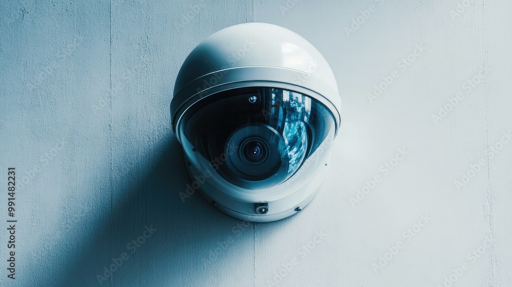 Close-up of a dome-style security camera with a clear white wall, leaving ample copy space for text, logos, or branding. Close-up of a dome-style security camera with a clear white wall, leaving ample copy space for text, logos, or branding.