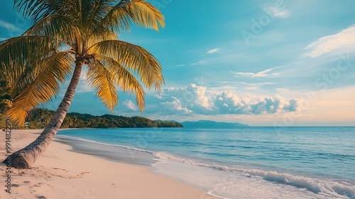 Panorama banner photo of idyllic tropical beach with palm tree : Generative AI