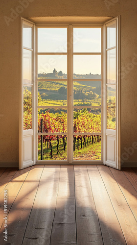 A vertical photo of an empty living room with a large window with a vineyard landscape view photo