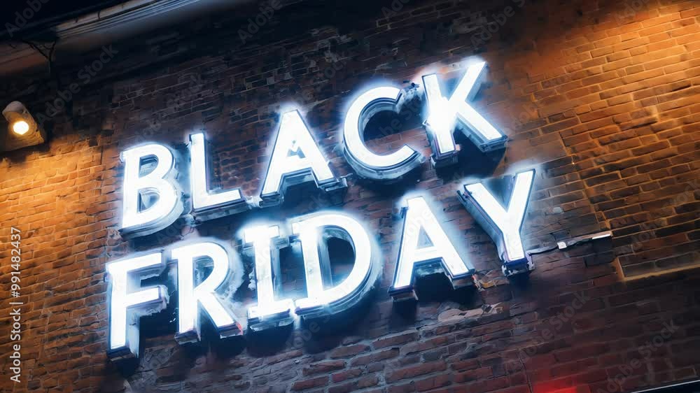 Neon Black Friday sign glowing on a brick wall, symbolizing major sales, retail, and holiday shopping events. 
