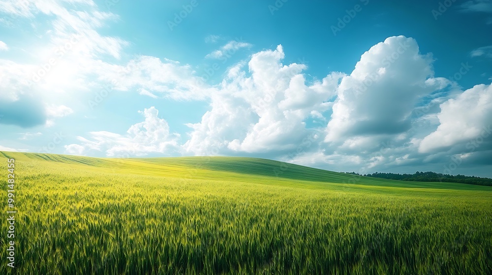 Obraz premium spring green field landscape in beautiful countryside with green and yellow grass rural hills and amazing cloudy sky on background Agriculture landscape with rural view : Generative AI