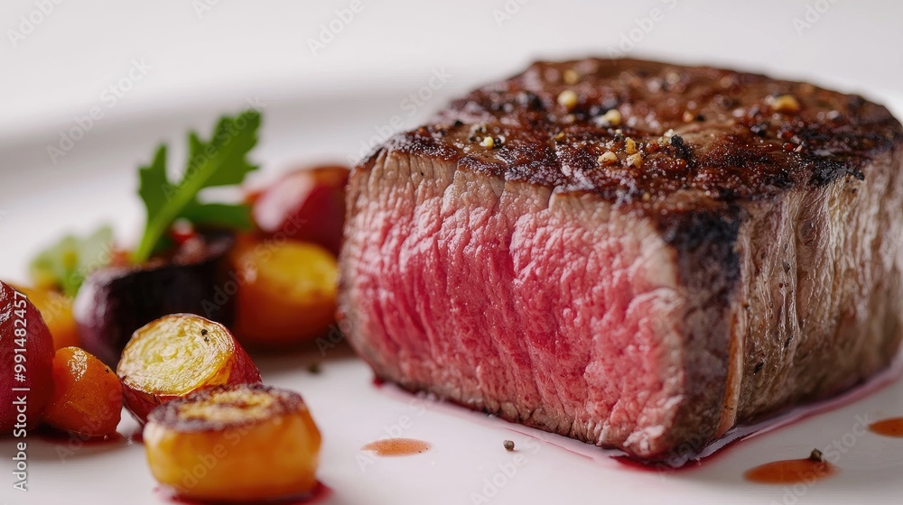 A close-up of a juicy steak sliced open, revealing its tender pink interior, served with roasted vegetables, all set against a stark white backdrop. A close-up of a juicy steak sliced open, revealing its tender pink interior, served with roasted vegetables, all set against a stark white backdrop.