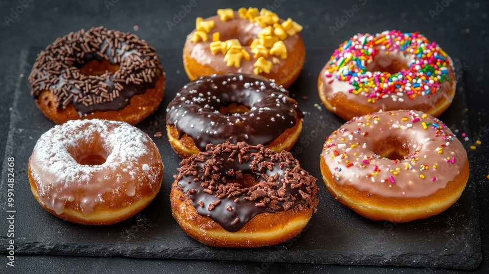 Close-up of a donut assortment including maple, chocolate, and vanilla-glazed, with colorful sprinkles on a dark slate surface Close-up of a donut assortment including maple, chocolate, and vanilla-glazed, with colorful sprinkles on a dark slate surface