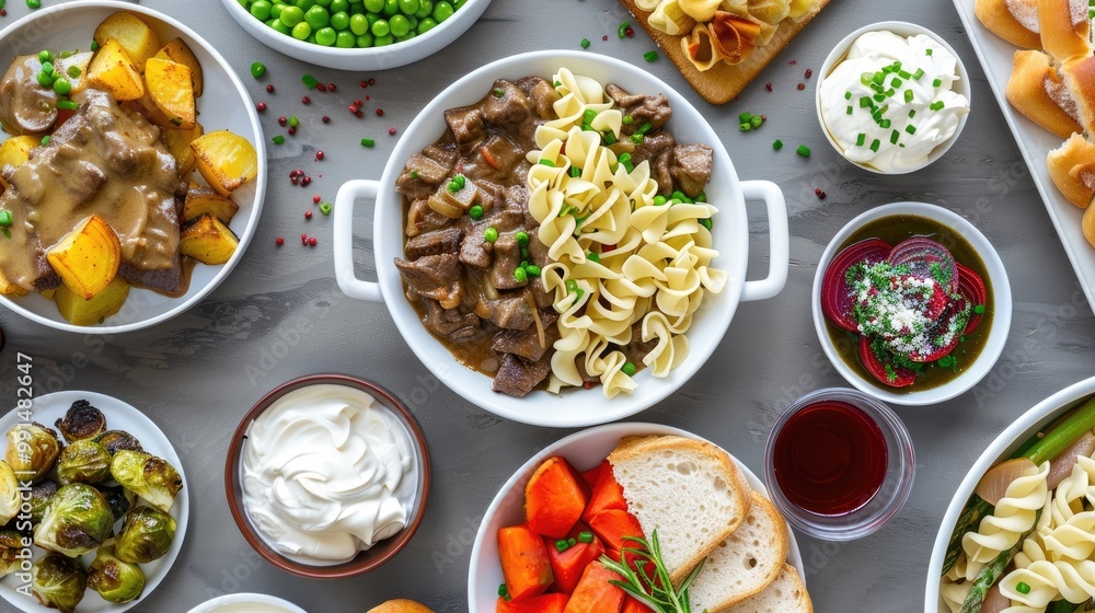 Tender beef stroganoff with buttered egg noodles, sour cream, chives, roasted Brussels sprouts, garlic bread, roasted asparagus, roasted carrots, roasted red Tender beef stroganoff with buttered egg noodles, sour cream, chives, roasted Brussels sprouts, garlic bread, roasted asparagus, roasted carrots, roasted red