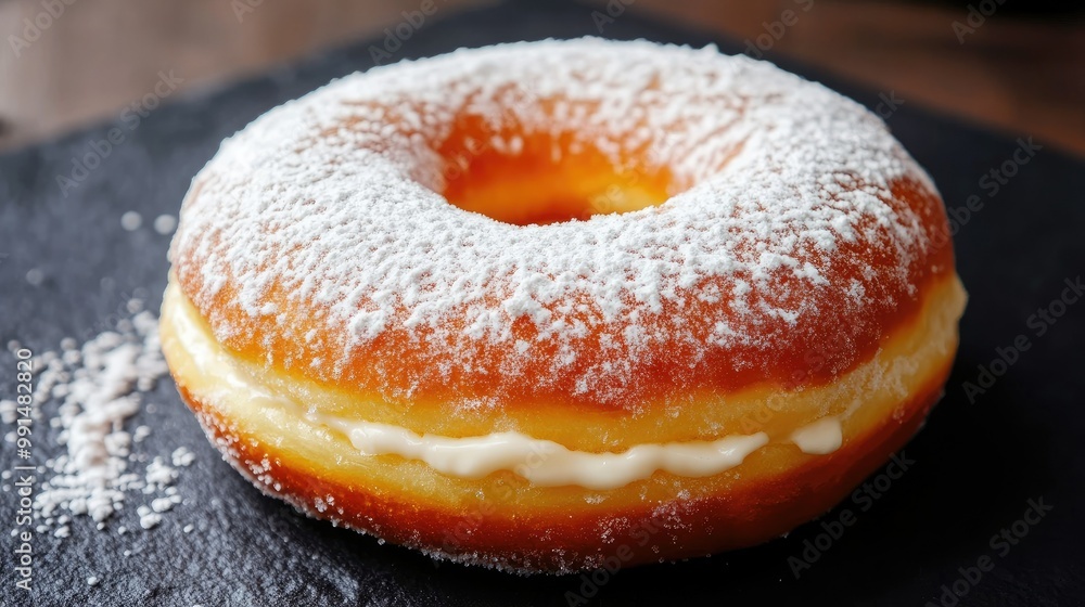 Close-up of a donut with a creamy filling and a dusting of powdered sugar, displayed on a dark slate surface. Close-up of a donut with a creamy filling and a dusting of powdered sugar, displayed on a dark slate surface.