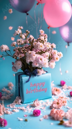 Birthday gift wrapped in colorful paper with balloons, flowers, bouquet. festive atmosphere party. text happy birthday