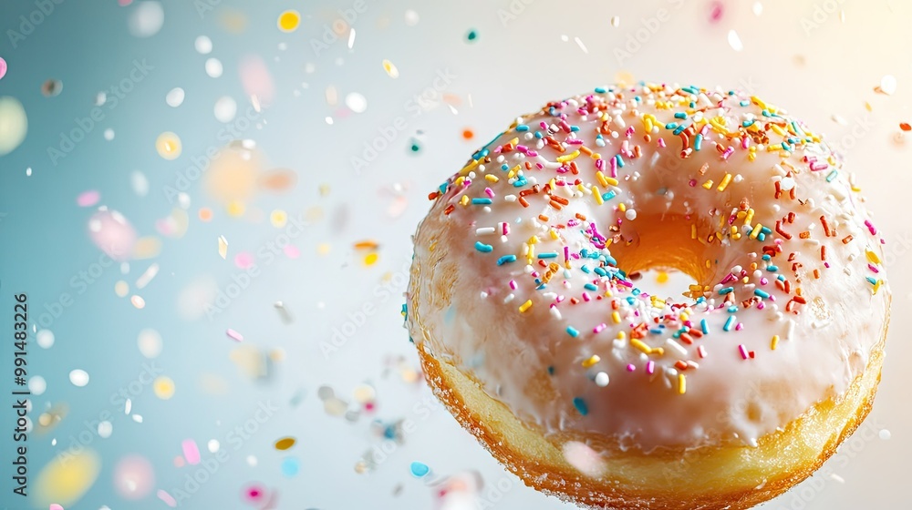 Close-up of a donut with a shiny glaze and colorful confetti sprinkles, set against a bright, clean background. Close-up of a donut with a shiny glaze and colorful confetti sprinkles, set against a bright, clean background.