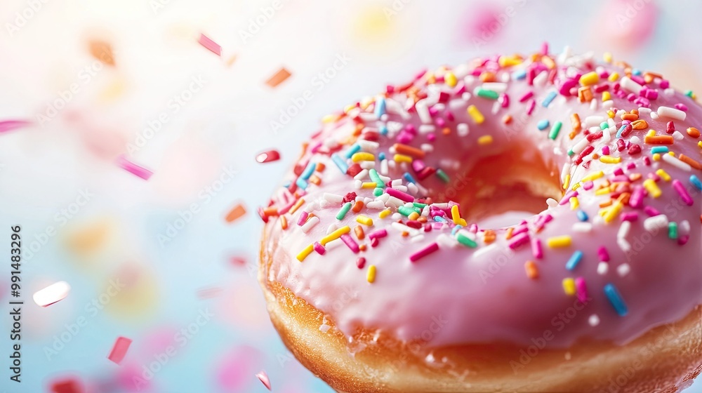Close-up of a donut with a shiny glaze and colorful confetti sprinkles, set against a bright, clean background. Close-up of a donut with a shiny glaze and colorful confetti sprinkles, set against a bright, clean background.