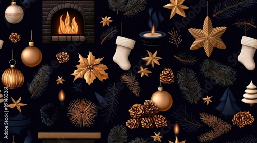 Illustrate a repeating pattern of cozy fireplaces, stockings, and roaring fires, with a warm and inviting atmosphere photo