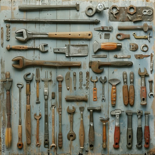 Comprehensive Collection of Vintage Hand Tools Displayed on Wooden Panel with Wrenches, Hammers, and Screwdrivers Highlighting Antique Craftsmanshipvintage tools photo